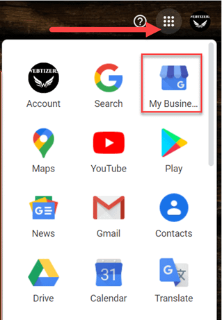 Locating Google my business Icon on your gmail account.